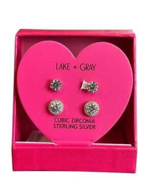 NEW 2 Pairs of Lake + Gray Gold over Sterling Silver CZ Stud Earrings